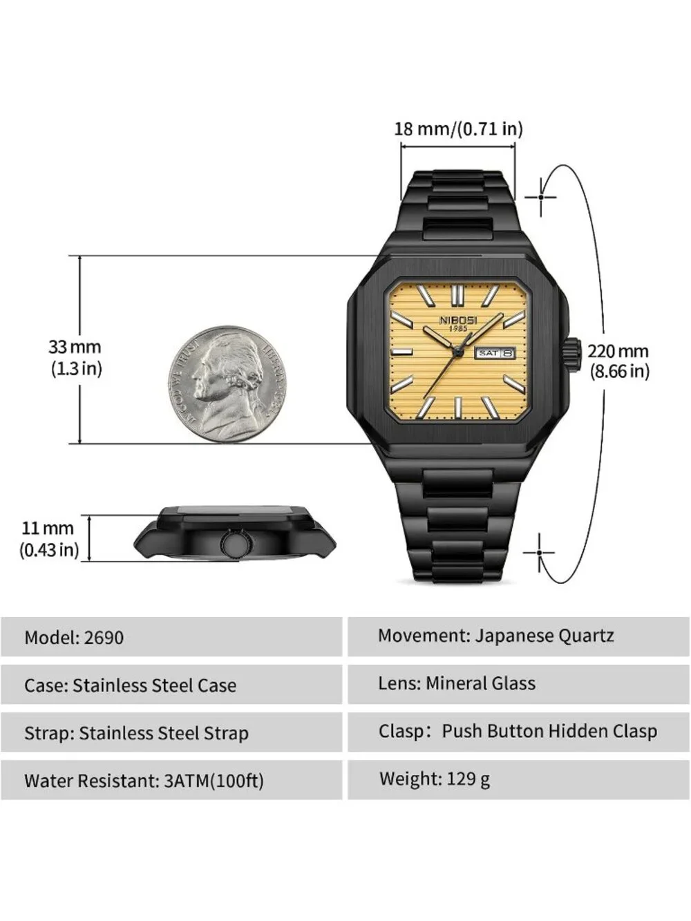 Men's Black Gold Square Analog Quartz Stainless Steel  Waterproof Wrist Watch